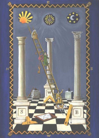 A Masonic tracing board depicting the sun above the left pillar (representing the masculine), the moon above the right pillar (representing feminine) and Sirius above the middle pillar, representing the “perfected man” or Horus, the son of Isis and Osiris. Notice the “Eye of Horus” on Sirius.