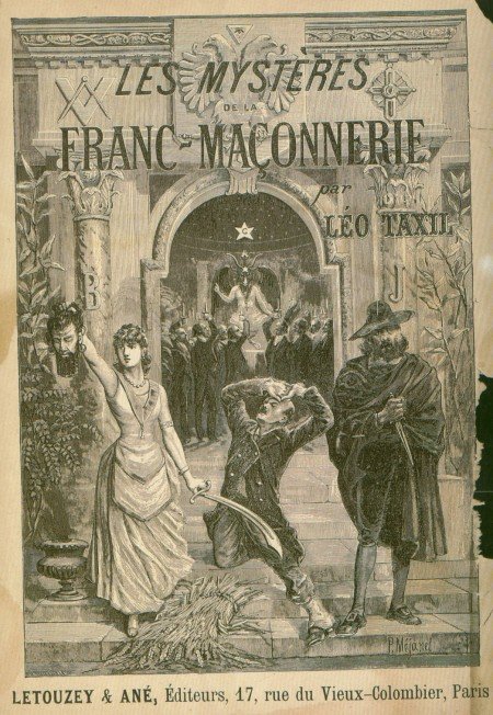 The Book cover of “Les mystères de la franc-maçonnerie” depicting a Masonic ritual presided by Baphomet, who is literally being worshiped.