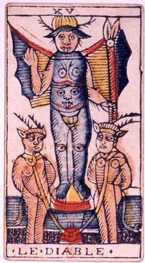 The Devil Card from the Tarot of Marseilles (15th century). This card’s depiction of the devil, with its wings, horns, breasts and hand sign is undoubtedly a major influence in Levi’s depiction of Baphomet.
