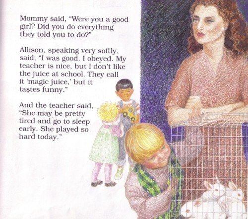 This vignette refers to a "magic juice" given by the teacher which implies that children are being drugged at the daycare. The image depicts white rabbits in a cage which represent the children themselves. Also, these rabbits might be used to show children what would happen if they break the "circle of trust". In other words, they probably hurt the rabbits in front of the children.