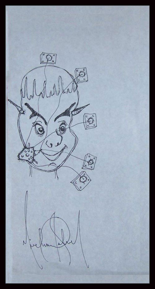 This drawing depicts a face that resembles MJ's on which are attached several wires connected to little boxes that look like interrupters. Is this a reference to electroshock? Also, there appears to be small horns growing from his head.