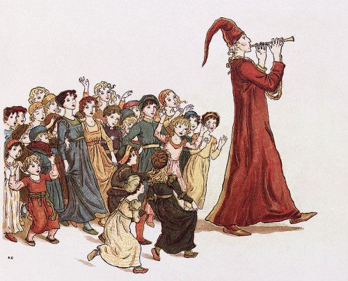 The Pied Piper leads the children out of Hamelin. Illustration by Kate Greenaway for Robert Browning's "The Pied Piper of Hamelin"