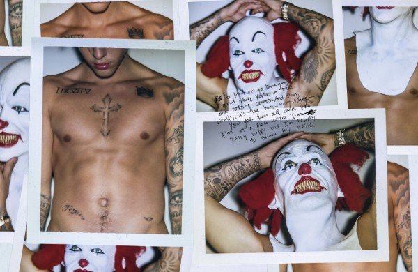 A naked Bieber wearing a creepy clown mask completes this disturbing photoshoot.