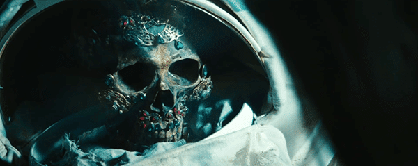 Inside the helmet is a jewel-incrusted skull, the perfect kind of artifact to be used during Black magick.