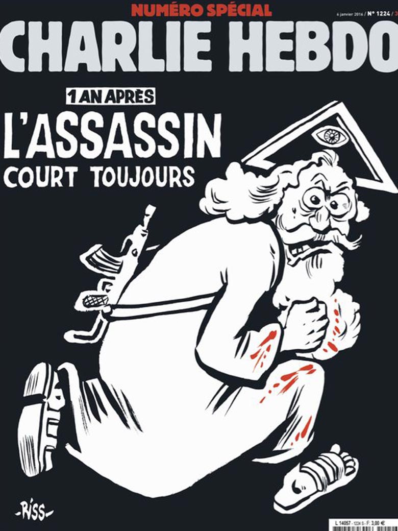 For the one year anniverery of the Charlie Hebdo attacks, the magazine launched a special edition with a rather symbolic cover. It indeed features God himself portrayed as a terrorist wearing a bloody robe under the title "1 an après. L'assassin court toujours" which means "1 year later, the assassin is still on the run". Above God is the symbol of the Eye Seeing Eye inside a triangle, which is a symbol used by some Churches to represent divinity. As you might know, it is also the symbol to represent to the occult elite and descends from the ancient Egyptian symbol of the Eye of Horus.
