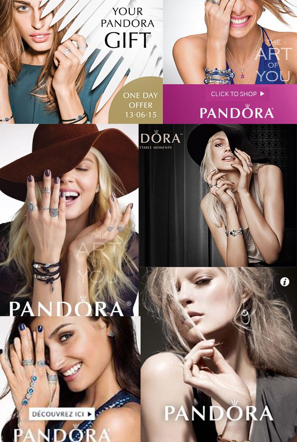Nearly ever single ad of the brand Pandora features the one-eye sign. Here's a small compilation of ads. 