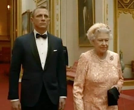 James Bond (played by Daniel Craig) escorting the Queen during the 2012 London Olympics opening ceremony.