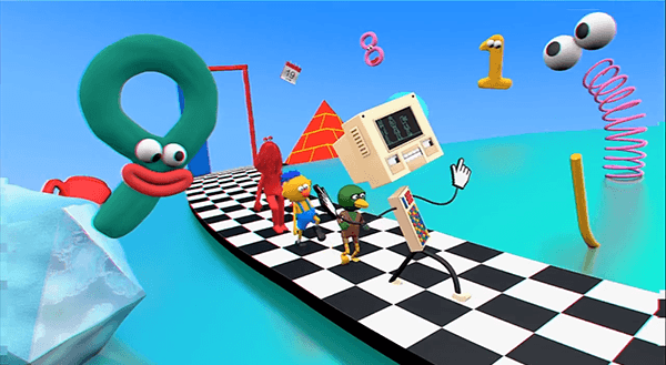 In the digital world, the friends follow a checkerboard pattern floor, implying they are following the programming laid out by the handler. A bunch of googly eyes and a pyramid appear in the background, basic occult elite imagery.