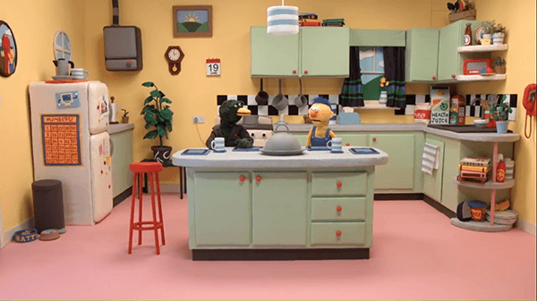 Duck Guy and Yellow Guy are too programmed to realize that Red Guy is gone. Notice Computer Guy on the fridge. 