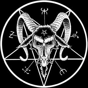 The symbol features a Baphomet head with an inverted pentagram (symbol of Black magick) on its forehead inside another inverted pentagram.