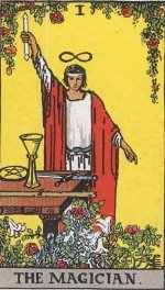 The Magician tarot card displaying the Hermetic axiom “As Above, So Below”