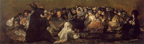 Goya’s 1821 painting “Great He-Goat” or “Witches Sabbath”. The painting depicts a coven of witches gathered around Satan, portrayed as a half-man, half-goat figure.