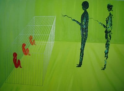 A painting by trauma-based mind control survivor Kim Noble (from the article The World of Mind Control Through the Eyes of an Artist with 13 Alter Personas) depicting a dissociating child locked in a caged and observed by a handler.