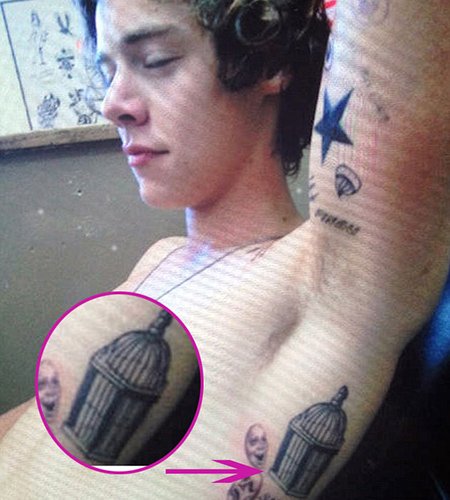 Harry also has a tattoo of the drama masks next to a birdcage. Does this represent the prison and mind control of the entertainment industry?