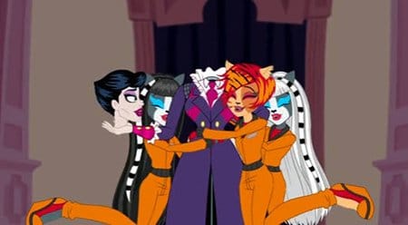 The sisters are then "recruited" by the "head mistress" of Monster High. You'll notice that she is holding her hand in her hand, a way of showing that even MK Handlers are Mind Controlled themselves.