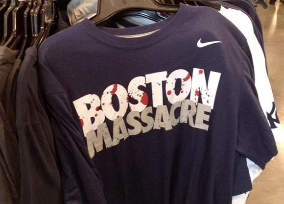 This shirt was on sale in the Boston area shortly before the Boston bombings. When asked why the shirt was still on sale AFTER the bombing, an employee of that store said "they keep reappearing back on the shelves". While the shirt is made to refer to the rivalrly between the Yankees and the Red Sox, this odd "premonition" is reminiscent of Oscar Pistorius' Nike ad entitled "I am the bullet in the chamber", which appeared before he got charged for the murder of his girlfriend.
