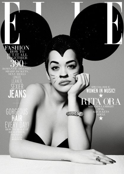 Speaking of Disney, I described many times how Mickey Mouse ears are "codes" for MK Mind Control as they refer to "Disney Programming". Here's Rita Ora on the cover of ELLE wearing gigantic ears and not looking too pleased by it.