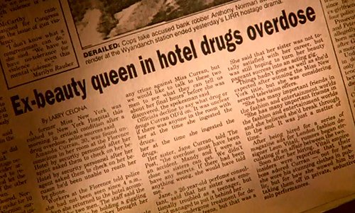 Bill discovers in the newspaper that Amanda was found dead in a hotel room due to an overdose. The way in which this ritualistic murder is diguised as an overdose is highly similar to the many celebrity ritual deaths disguised as overdoses described on this website. 