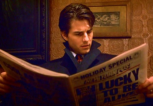 The headline of this newspaper is "Lucky to be alive", another way that Kubrick details talk to the viewers.