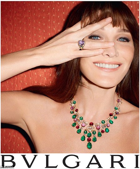 A Bulgari ad featuring the ex-first lady of France Carla Bruni-Sarkozy. Mixing entertainment with high power produces Illuminati results.