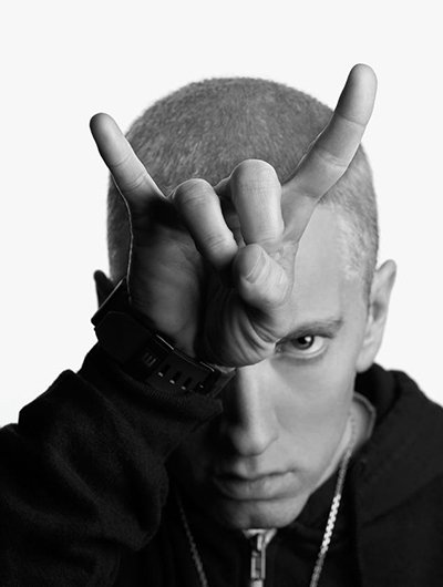 This is the current promotional image of Eminem. One eye and devil horns. That the type of stuff you have to do to be able to stay relevant and get exposure in this business. Especially if you're signed with Interscope Records.