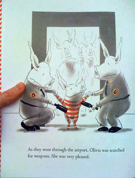 This is a page from a children's book called 'Olivia Goes to Vennice'. Why is Olivia "very pleased" about being searched by these two pigs? Looks like an attempt at normalizing TSA searches to young children.