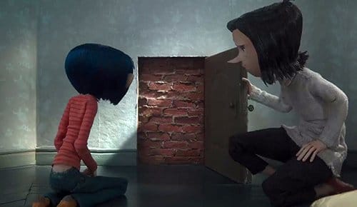 Coraline is "magically" lead to find a little locked door in her house. When her mother unlocks it, the door leads nowhere. 