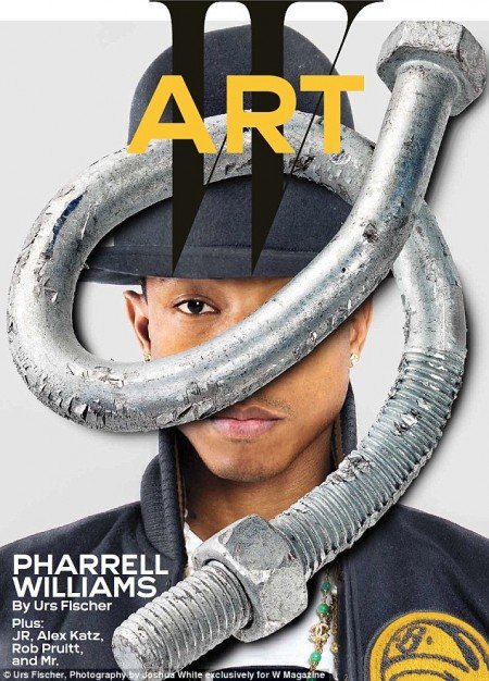 Here's Pharrell Williams in W magazine with one eye hidden by a twisty-screw thingie. I guess they're running out of ways to hide one eye.