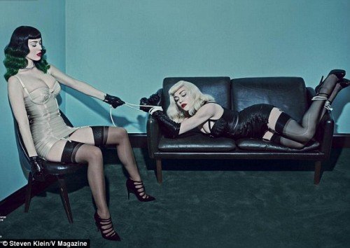 Katy Perry also recently appeared in V magazine with Madonna doing some MK sex-kitten stuff. Here she is looking completely dissociated with Madonna whose probably telling herself that she's getting tool old for this.