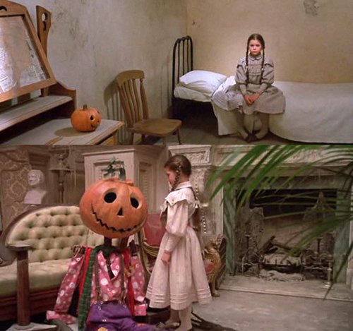 The screenshot on top is Dorothy sitting in her room inside the institution with a pumpkin. Below is her "friend" Pumpkinhead while she's in Oz. 