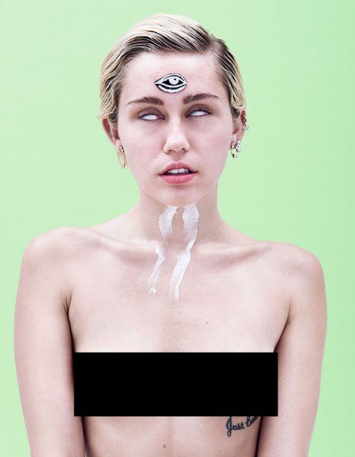 This image is a rather clear way of portraying Miley as MK Beta Kitten. Her soulless white eyes represent her being "blinded" by the system. She can now only see from the third eye on her forehead. While the third eye represent spiritual illumination, in this context, it represents the exact opposite : A state of complete mental and physical slavery at the hands of the occult elite. The fact that she's naked emphasize the Kitten programming aspect of it all.