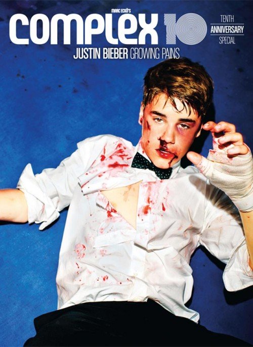 In a previous issue of Complex, Bieber's photoshoot was about him taking a serious beating. I don't know of too many artists being constantly portrayed in that manner.