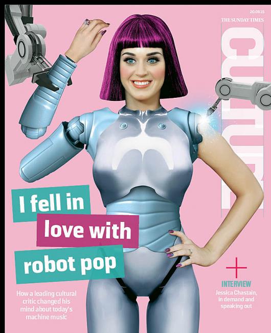 Katy Perry in Sunday Times is all about transhumanism : Her body parts are being removed and replaced by robot parts (a good way to portray industry-controlled pop stars). She also apparently fell in love with robot pop. Great.