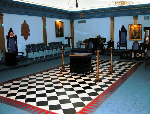 The all-important checkerboard floor inside a Masonic lodge. It is on this dualistic pattern that take place transformative rituals.