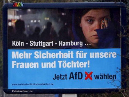 This campaign poster made by the he anti-immigrant Alternative for Germany (AfD) features a German girl crying and hiding one eye. The popularity of this party is a result of the ongoing "race wars" Agenda - a growing crisis that is being purposely being manufactured. Look out for a full article about this soon.