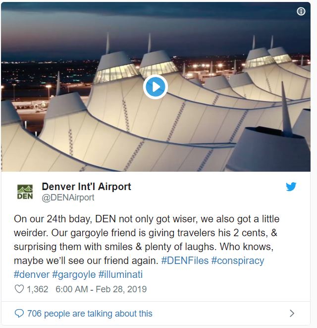 DIA tweet The Denver Airport Installs a Talking Gargoyle That Says "Welcome to the Illuminati Headquarters"