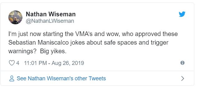 2019 08 29 13 05 45 VMAs host Sebastian Maniscalco under fire for joking about safe spaces in openin The 2019 VMAs: It's Not About Music, It's About Pushing Narratives