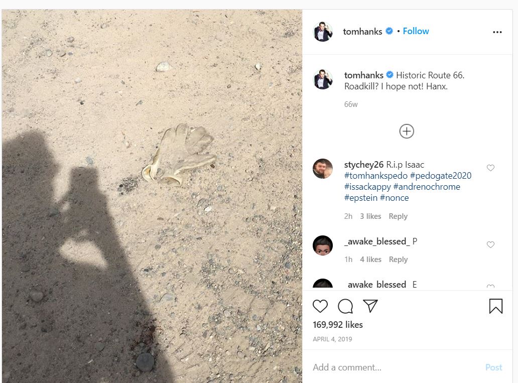 2020 07 14 14 06 49 Tom Hanks on Instagram “Historic Route 66. Roadkill I hope not Wayfair and Child Trafficking? The Rabbit Hole Goes Deep.