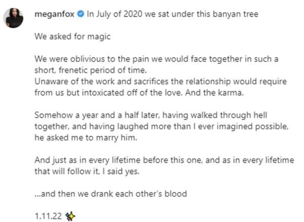 2022 04 27 14 15 12 52874363 10396467 Hochzeitsglocken Fox bemerkte in der langen Bildunterschrift ihres Beitrags, dass sie e1651168638423 Megan Fox offen zugibt, dass sie Blut für „rituelle Zwecke“ trinkt.